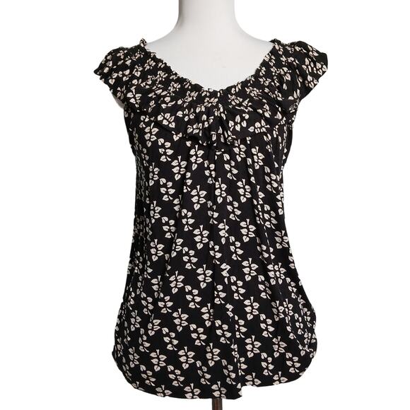 Ann Taylor Floral Leaf Print Ruffles Feminine Off Shoulder Blouse Black White XS - Picture 1 of 8